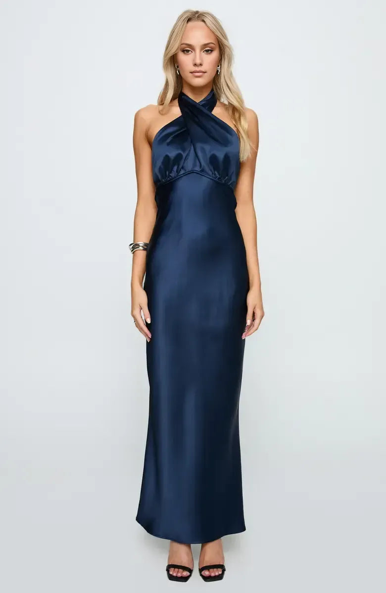 Casual Fitted Halter Neck Sleeveless Satin Floor-Length Prom Dress