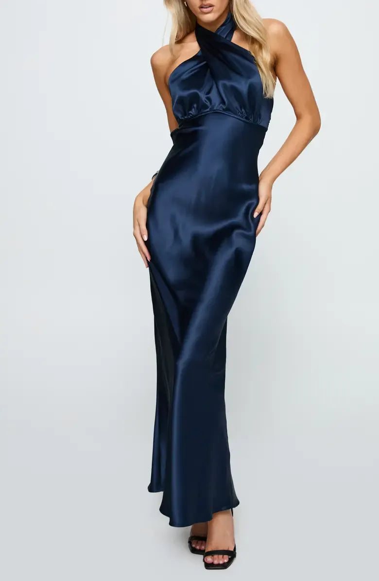 Casual Fitted Halter Neck Sleeveless Satin Floor-Length Prom Dress