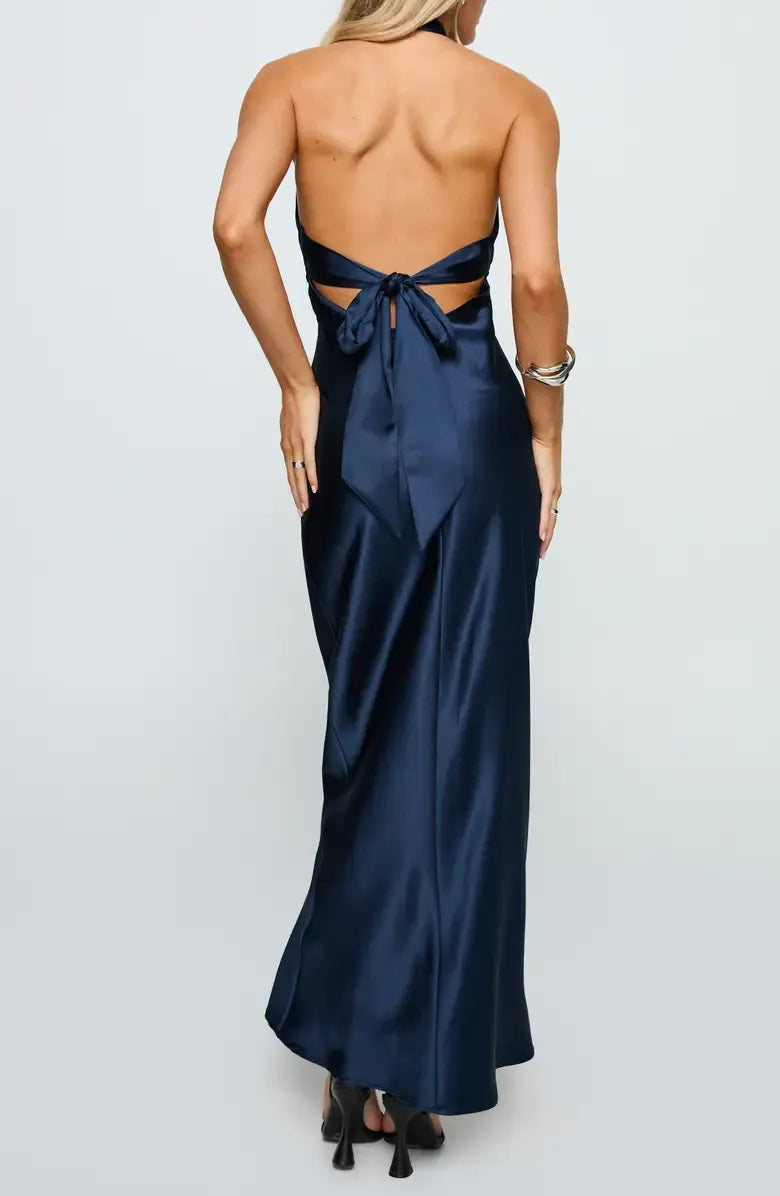 Casual Fitted Halter Neck Sleeveless Satin Floor-Length Prom Dress