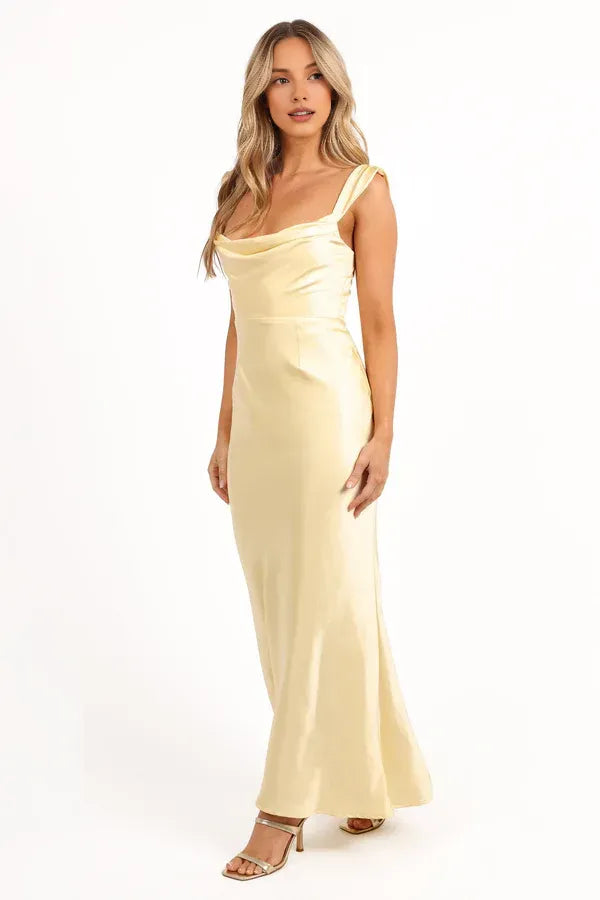 Casual Sheath Cowl Neck Sleeveless Satin Ankle-Length Prom Dress