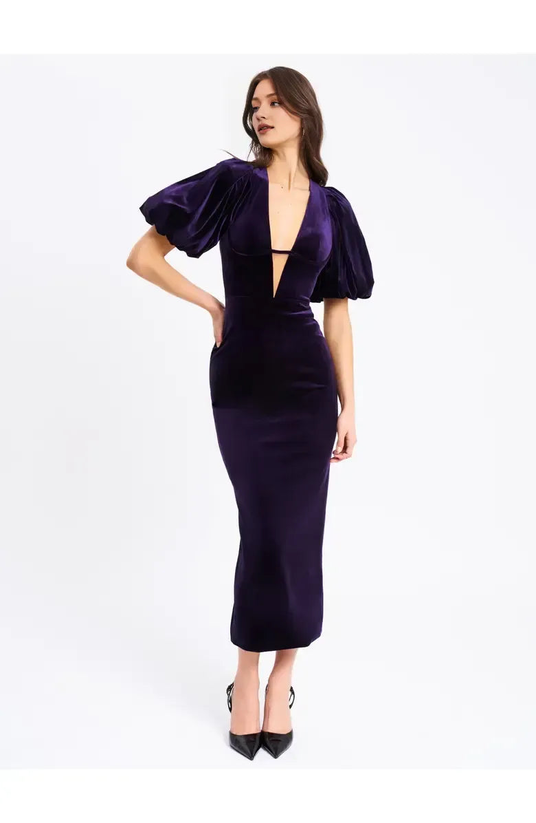 Casual Sheath V Neck Bubble Sleeve Velvet Ankle-Length Prom Dress