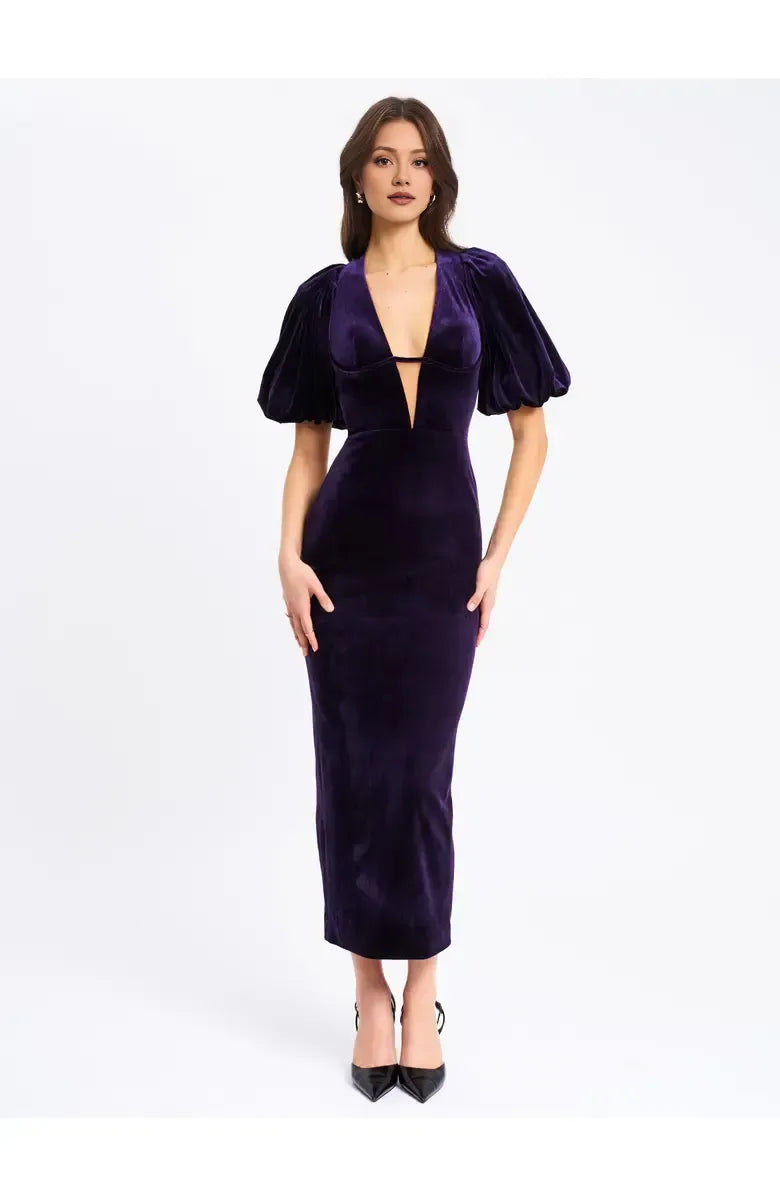 Casual Sheath V Neck Bubble Sleeve Velvet Ankle-Length Prom Dress