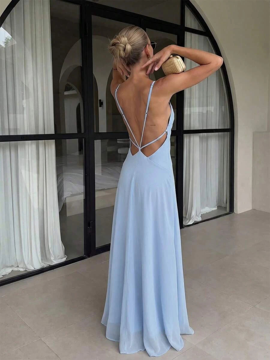 Casual A-Line V-Neck Spaghetti Straps Backless Chiffon Light Blue Floor-Length Prom Dress