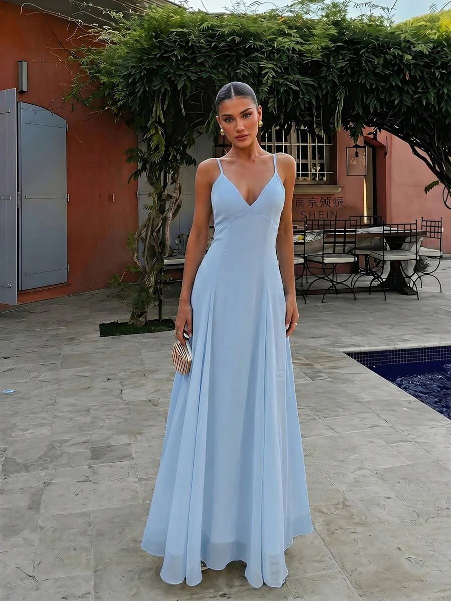 Casual A-Line V-Neck Spaghetti Straps Backless Chiffon Light Blue Floor-Length Prom Dress