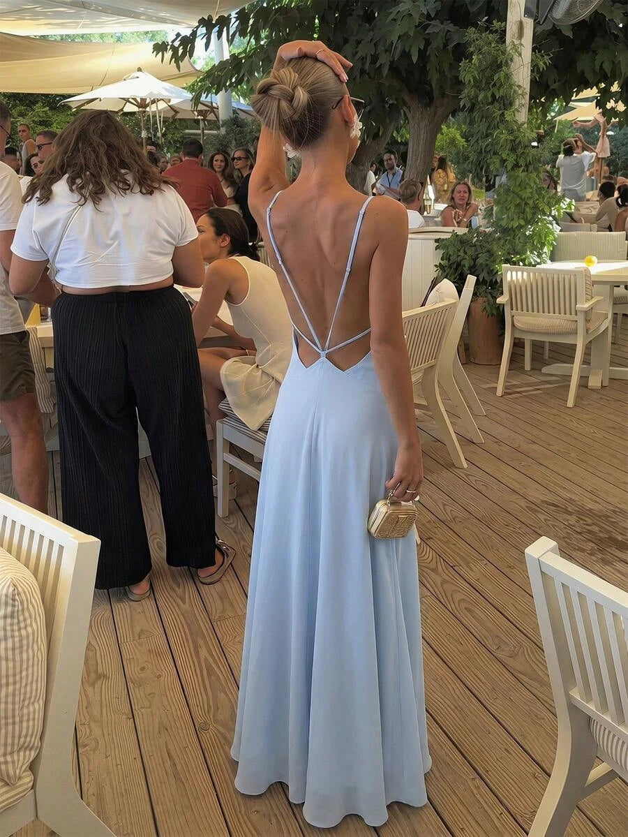 Casual A-Line V-Neck Spaghetti Straps Backless Chiffon Light Blue Floor-Length Prom Dress