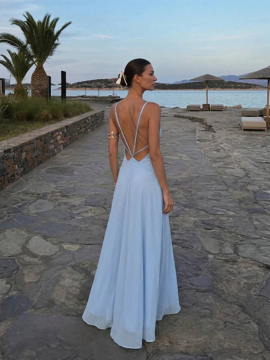Casual A-Line V-Neck Spaghetti Straps Backless Chiffon Light Blue Floor-Length Prom Dress