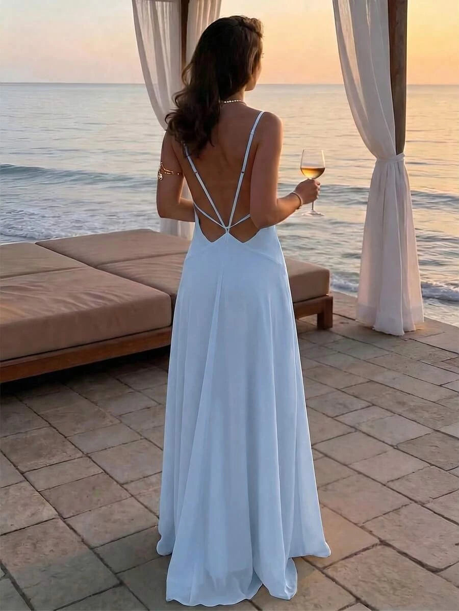 Casual A-Line V-Neck Spaghetti Straps Backless Chiffon Light Blue Floor-Length Prom Dress
