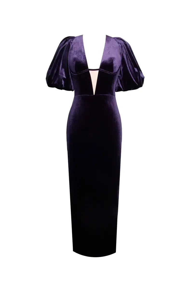 Casual Sheath V Neck Bubble Sleeve Velvet Ankle-Length Prom Dress