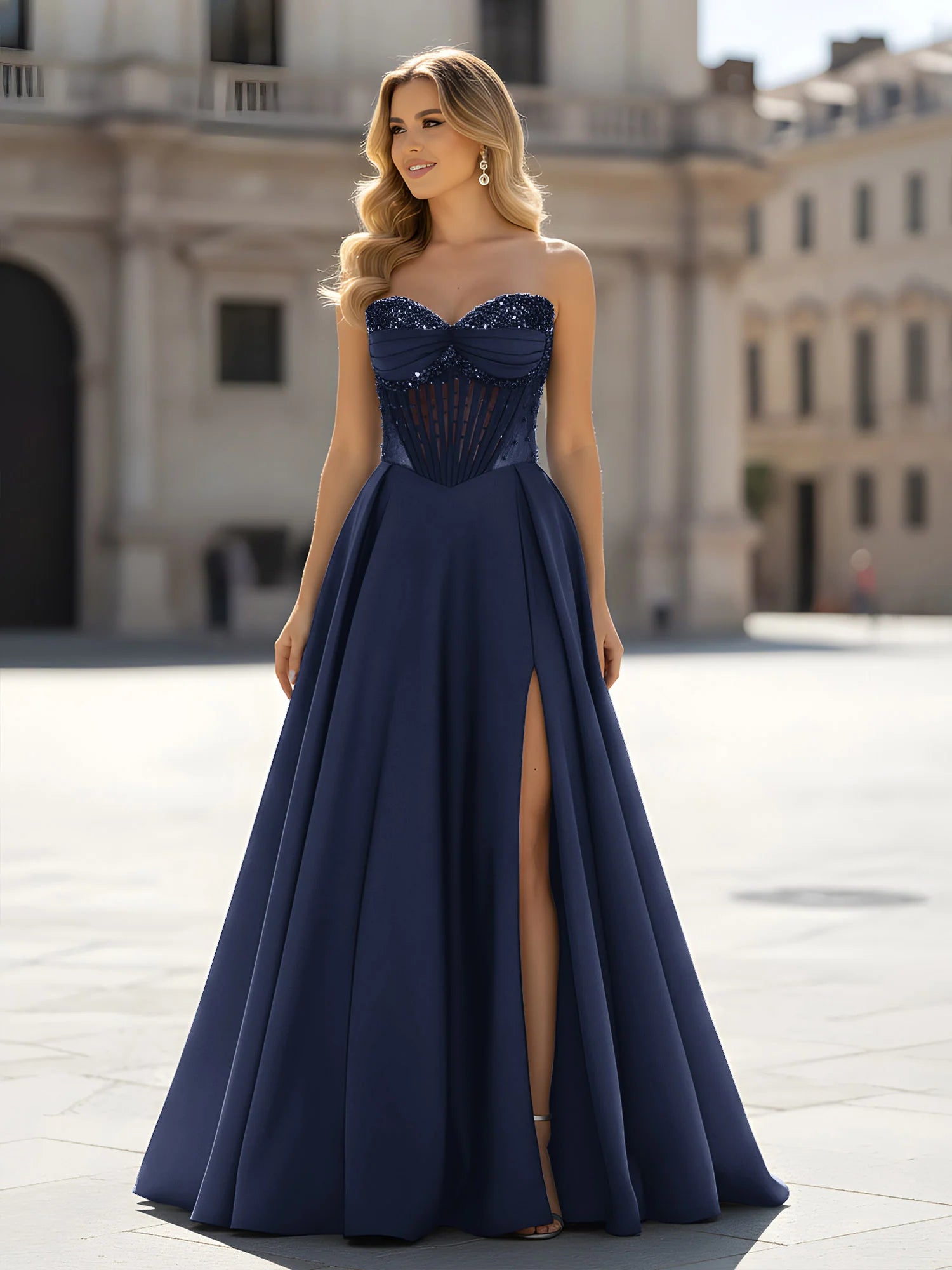 Dark Navy Satin a-line sweetheart lace-up-back floor-length Dress