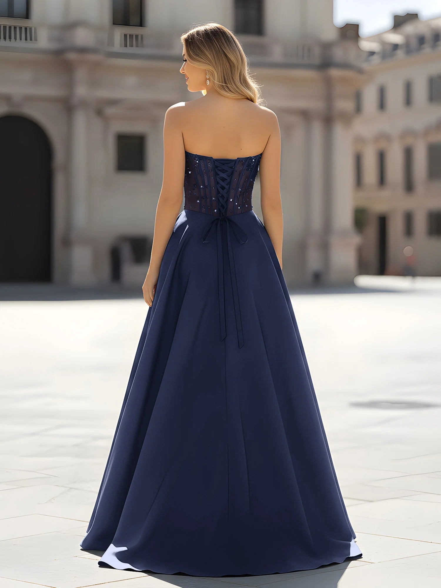 Dark Navy Satin a-line sweetheart lace-up-back floor-length Dress