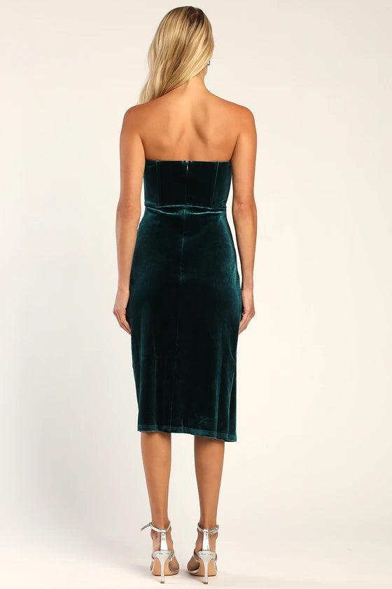 Vestidos formales Weitese para mujer, celebraciones glamurosas, vestido sin tirantes de terciopelo verde azulado oscuro, tiendas de vestidos de fiesta 