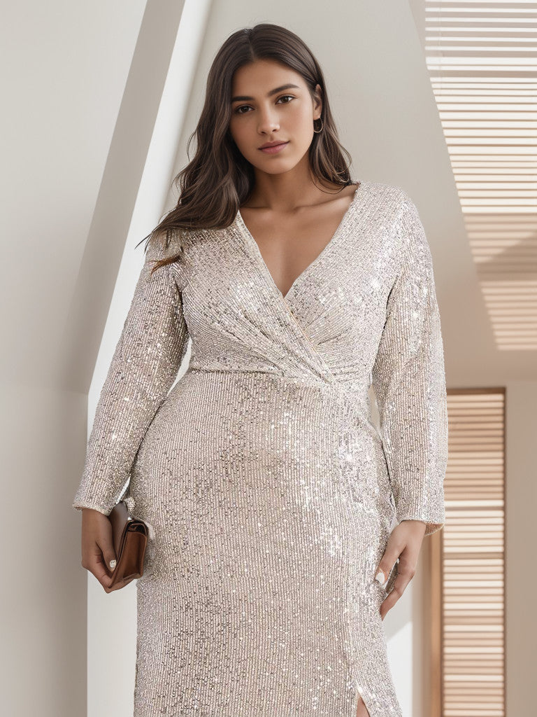 Robe de soirée grande taille Weitese, sexy, décolleté en V profond, corsage à paillettes