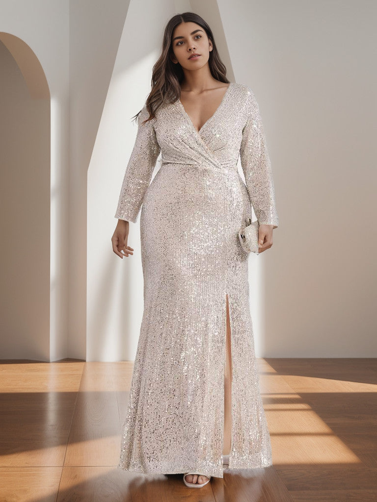 Robe de soirée grande taille Weitese, sexy, décolleté en V profond, corsage à paillettes