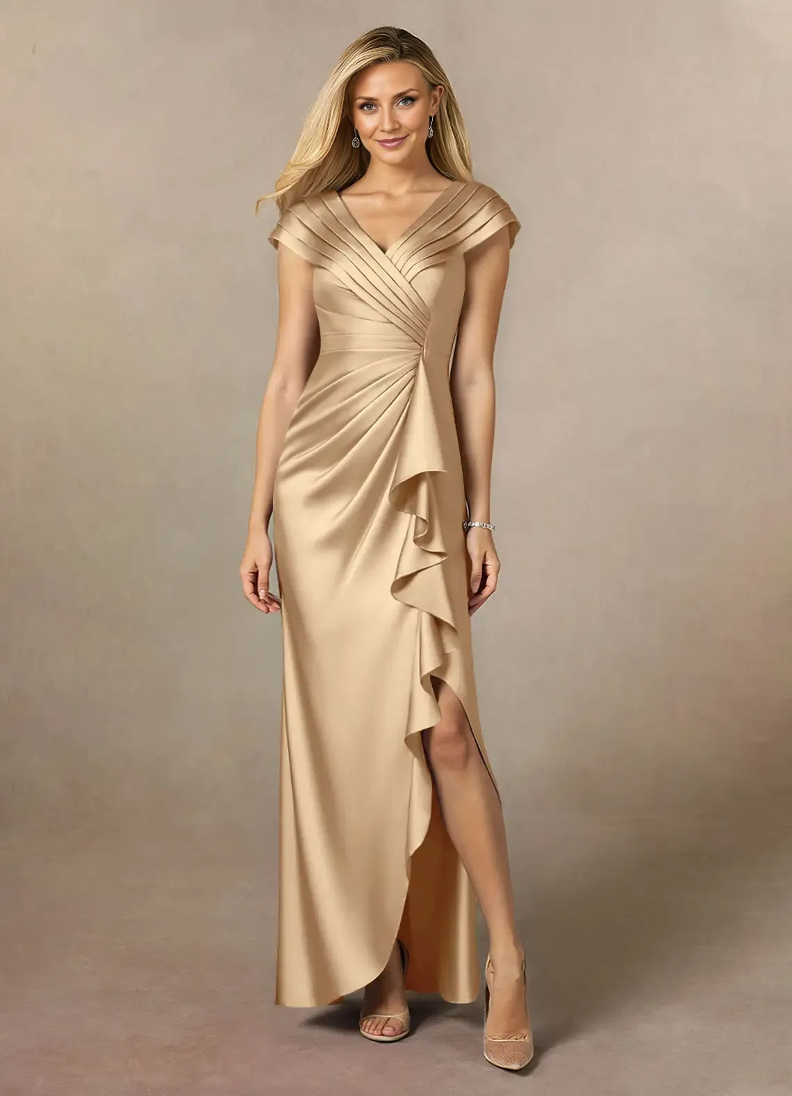 Weitese Dress Champagne Pleated Satin A-Line Mother Of The Bride Evening Dress Classic Cape Sleeve Leg Slit Mother Of The Groom Dresses