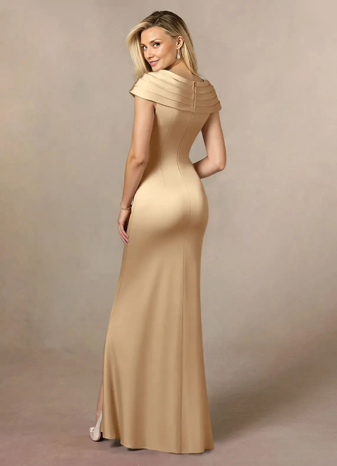Weitese Dress Champagne Pleated Satin A-Line Mother Of The Bride Evening Dress Classic Cape Sleeve Leg Slit Mother Of The Groom Dresses
