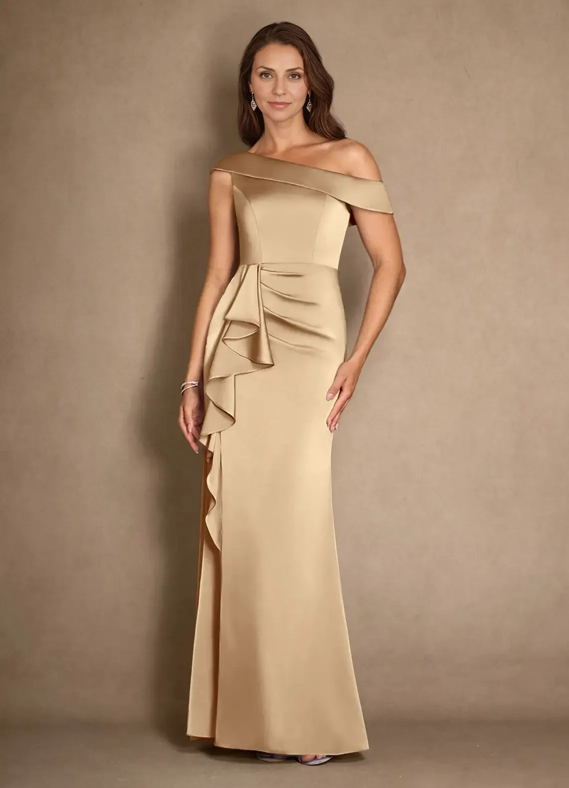 Weitese Dress Champagne A-Line Pleated Satin Maxi Dress Modern Cold Shoulder Sleeve Asymmetrical Neck Mother of the Bride Dress