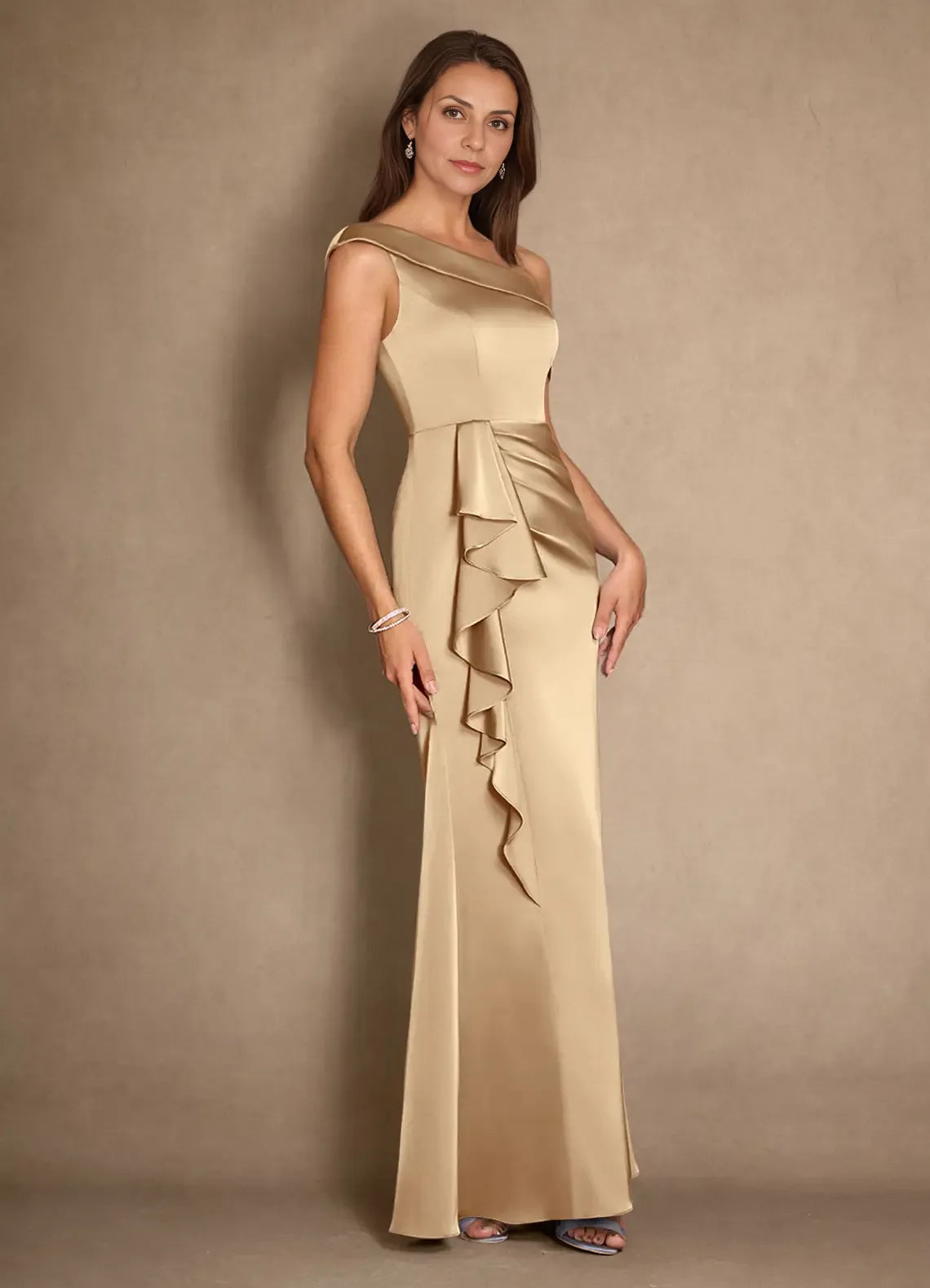 Weitese Dress Champagne A-Line Pleated Satin Maxi Dress Modern Cold Shoulder Sleeve Asymmetrical Neck Mother of the Bride Dress