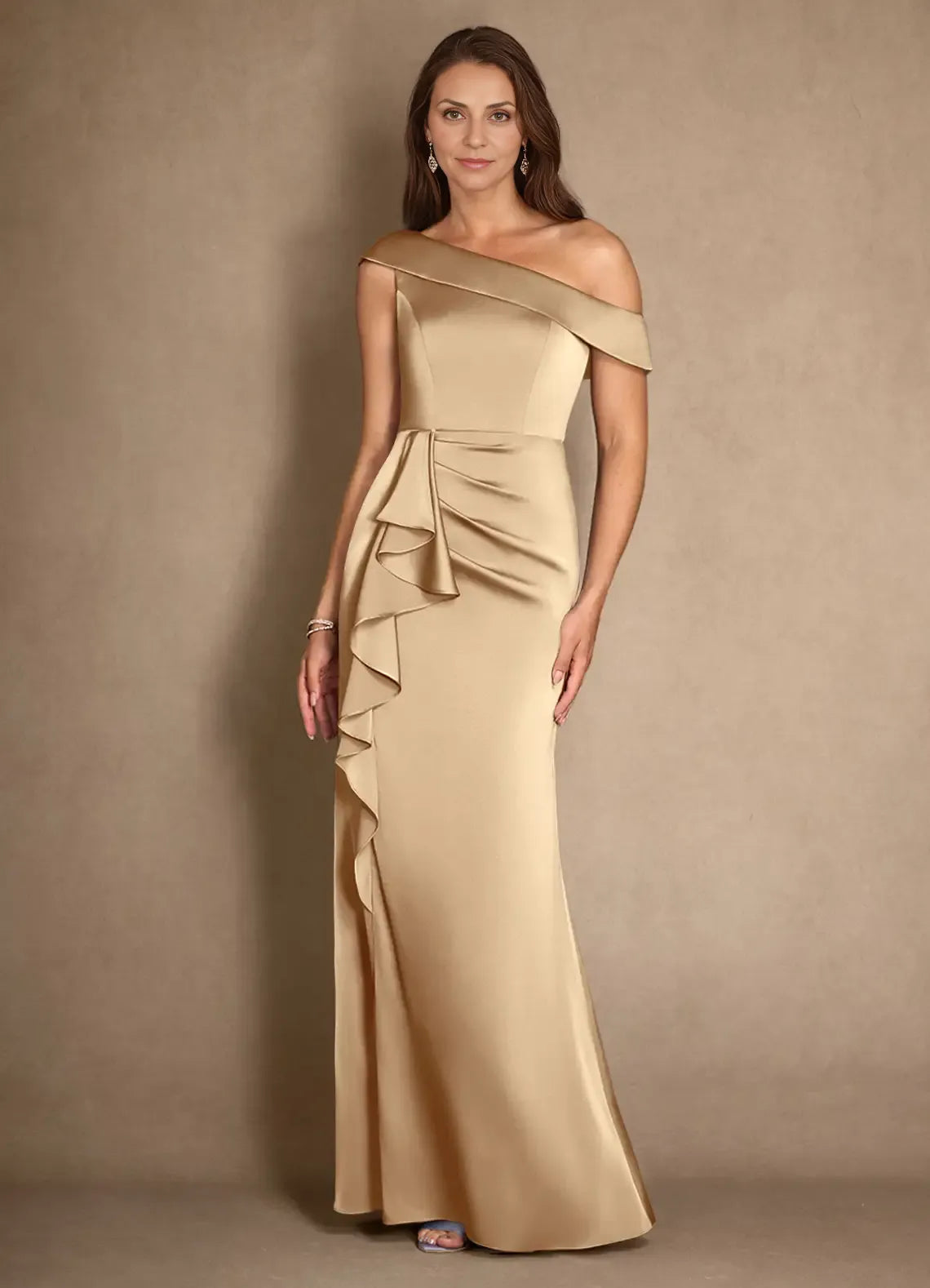 Weitese Dress Champagne A-Line Pleated Satin Maxi Dress Modern Cold Shoulder Sleeve Asymmetrical Neck Mother of the Bride Dress