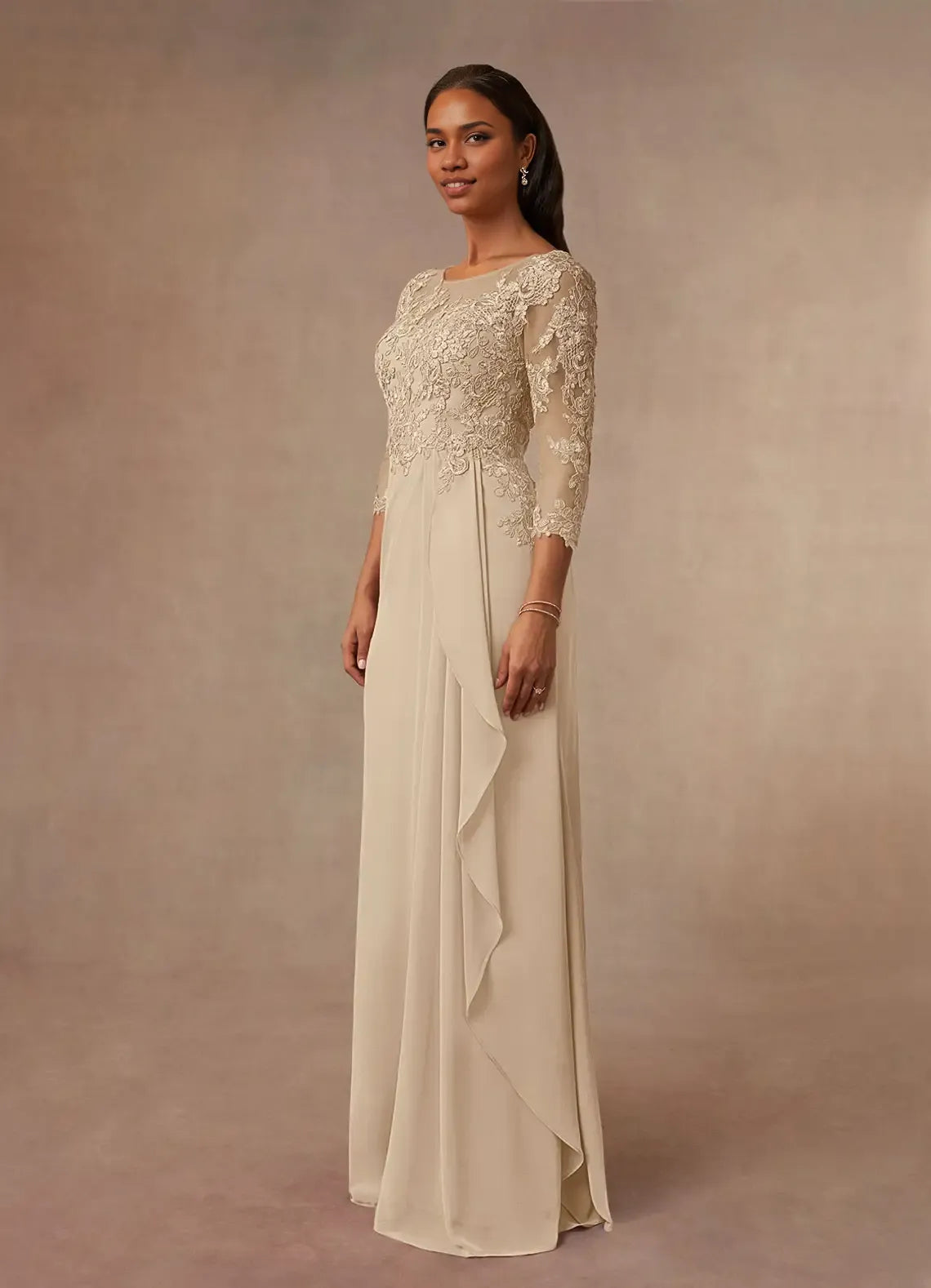 Robe de soirée élégante en mousseline de soie, coupe trapèze, coupe champagne, manches trois-quarts, dos en V, grande taille, pour mère de la mariée 