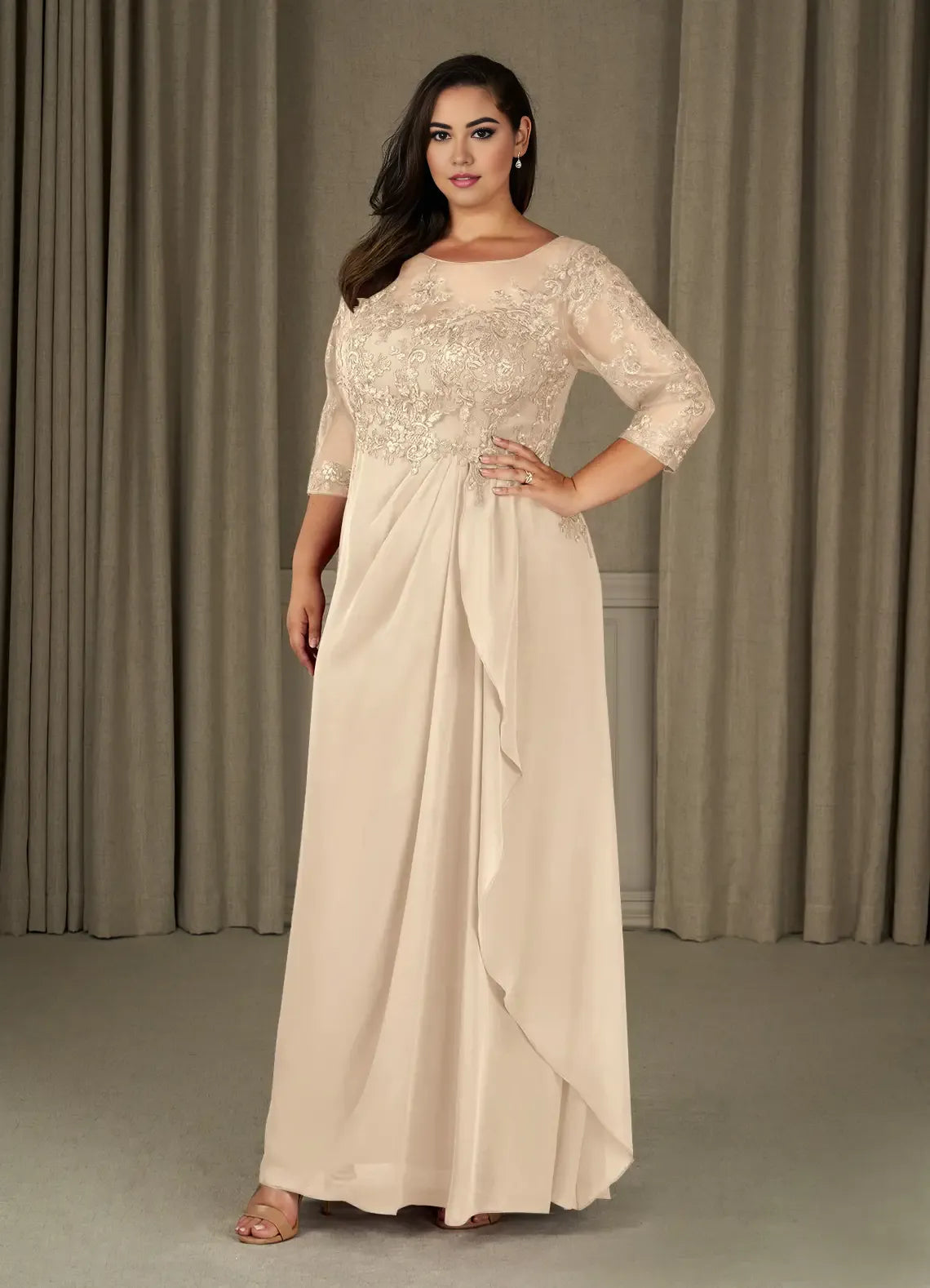 Robe de soirée élégante en mousseline de soie, coupe trapèze, coupe champagne, manches trois-quarts, dos en V, grande taille, pour mère de la mariée 