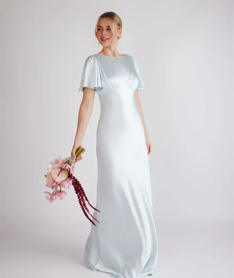 Weitese Dress Fashion Gathered Bust Satin Bridesmaid Dress Maxi Dress Solid Color Champagne Flutter Sleeve Column Prom Dress