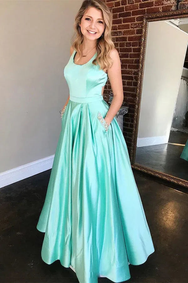 Charming A-Line Scoop Neck Sleeveless Satin Maxi Prom Dress