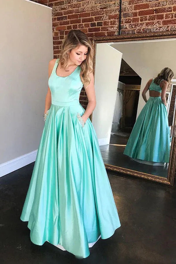 Charming A-Line Scoop Neck Sleeveless Satin Maxi Prom Dress