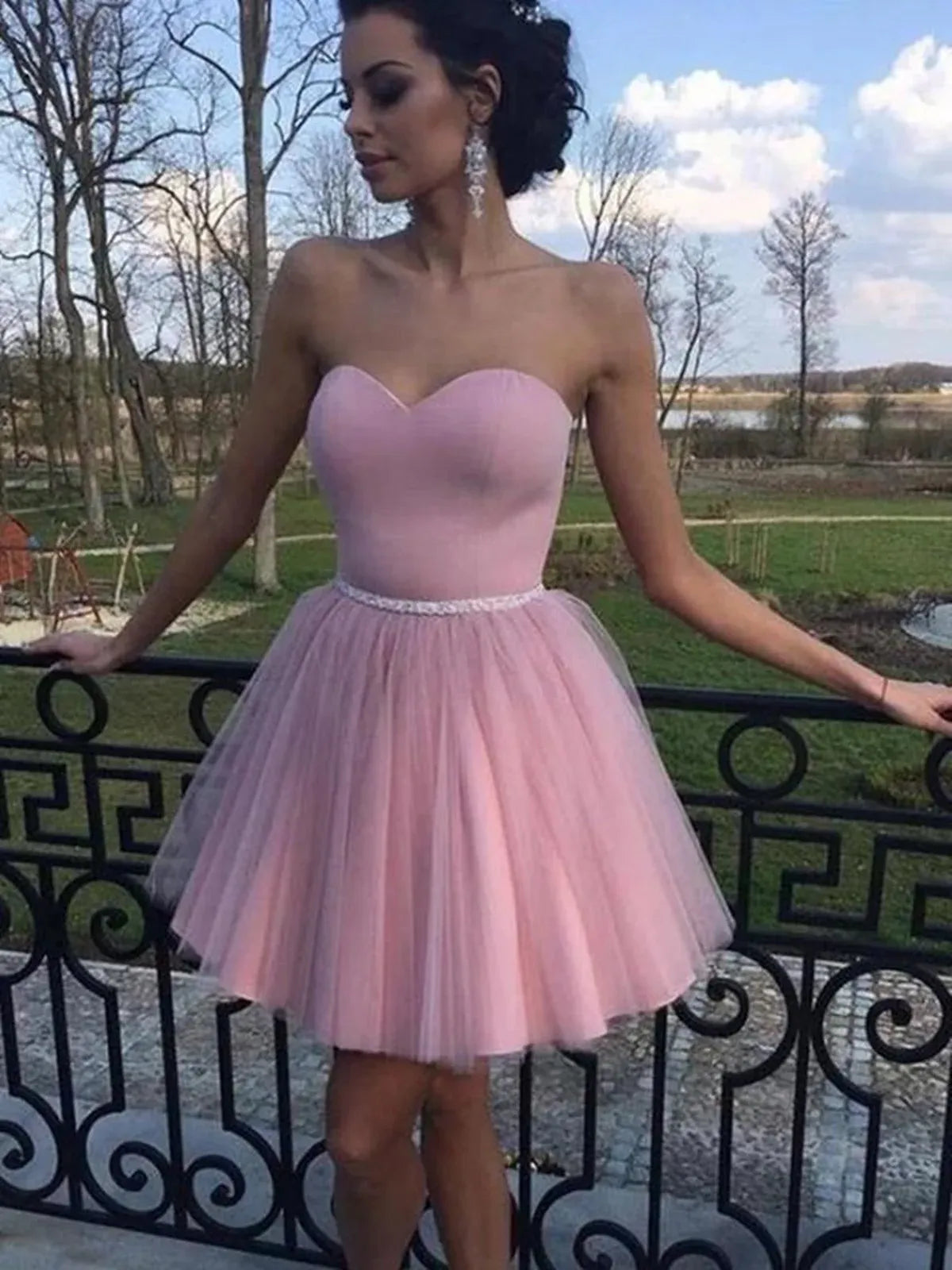Charming A-Line Sweetheart Neck Strapless Beaded Satin Tulle Mini Homecoming Dress