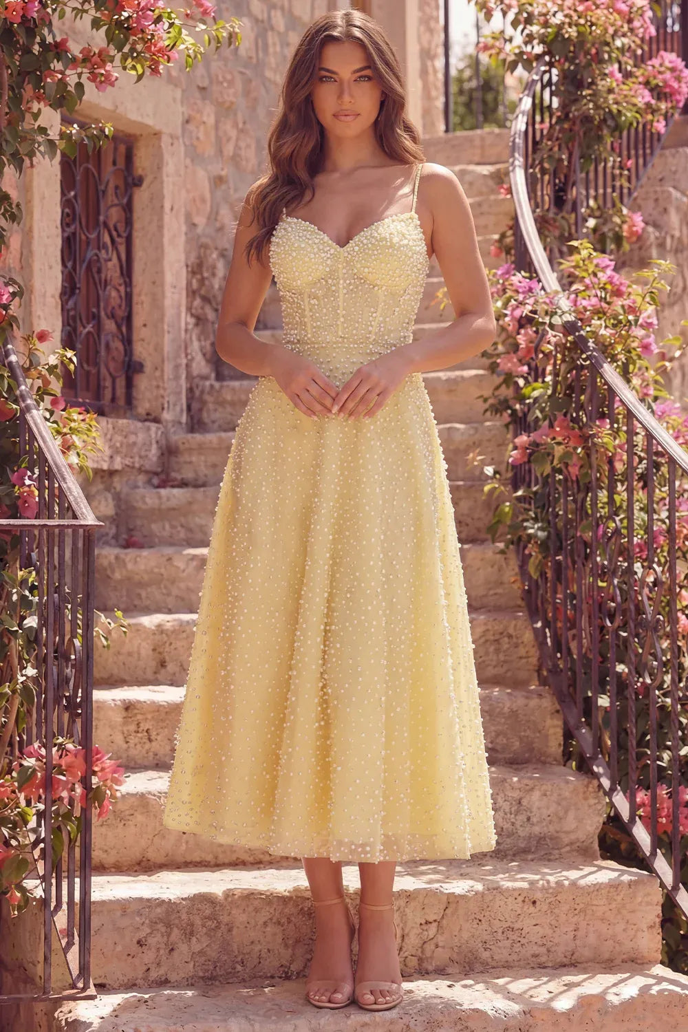 Charming A-Line Sweetheart Spaghetti Strap Beaded Tulle Midi Cocktail Dress
