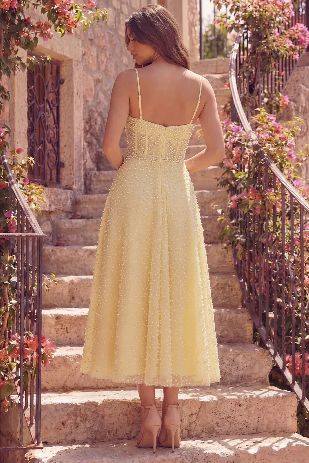 Charming A-Line Sweetheart Spaghetti Strap Beaded Tulle Midi Cocktail Dress