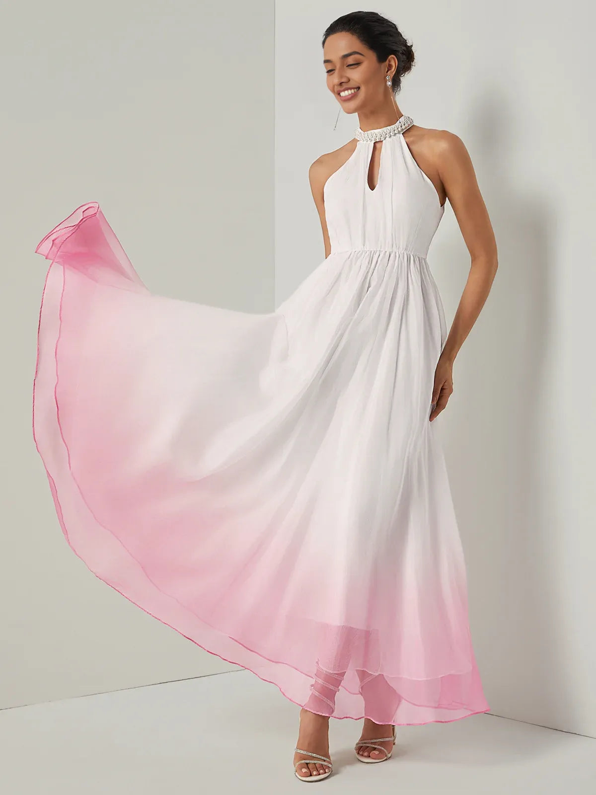 Charming A-Line Halter Neck Sleeveless Zipper Up Floor-Length Prom Dress