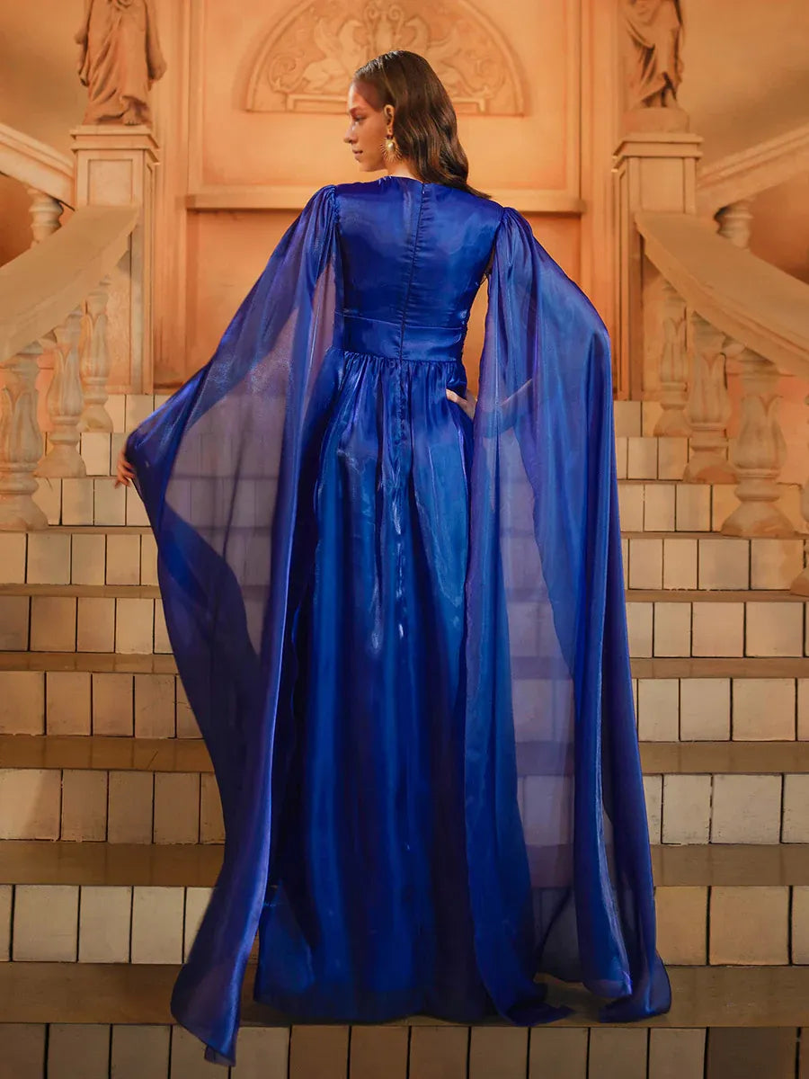 Charming A-Line High Neck Cape Sleeve Zipper Up Floor-Length Prom Dress