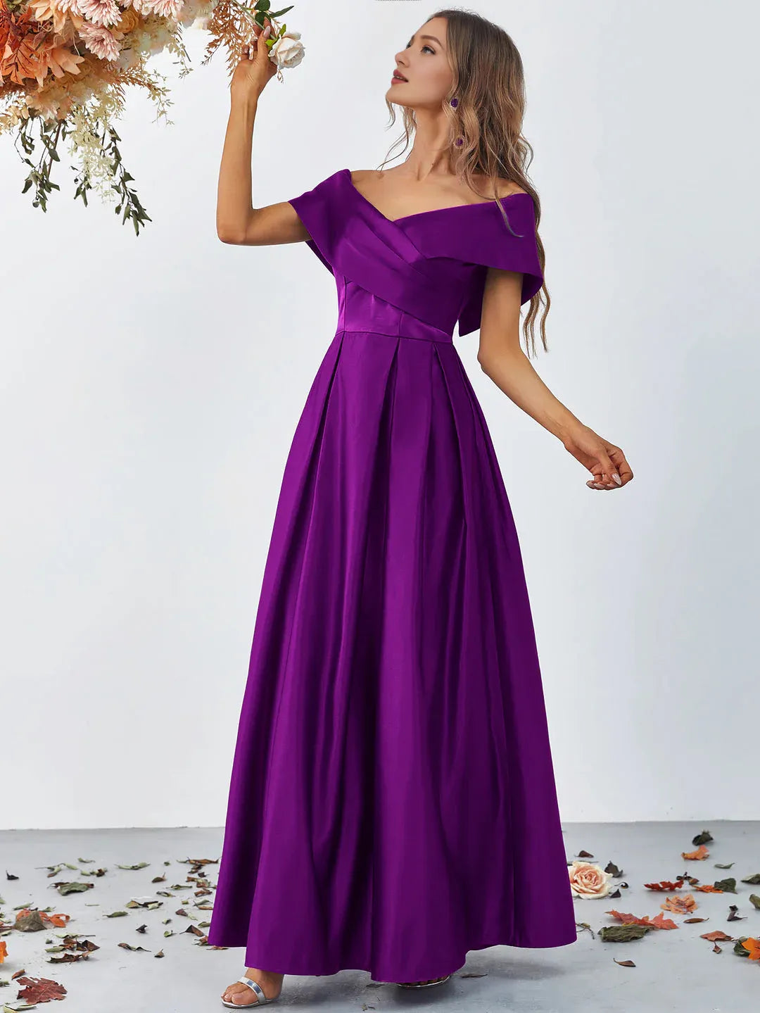 Charming A-Line Off Shoulder Cap Sleeve Zipper Up Floor-Length Prom Dress