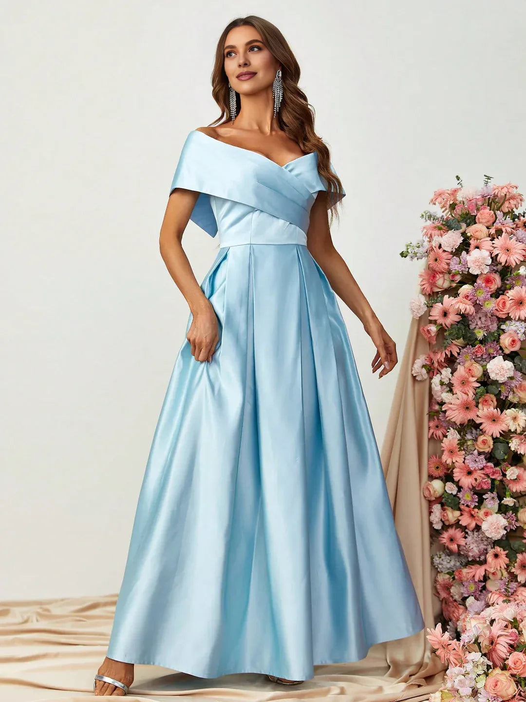 Charming A-Line Off Shoulder Cap Sleeve Zipper Up Floor-Length Prom Dress