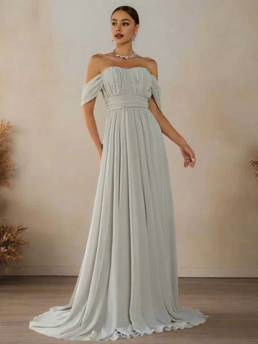 Charming A-Line Off Shoulder Dropped Shoulder Sleeves Zipper Up Sweep/Brush Train Prom Dress