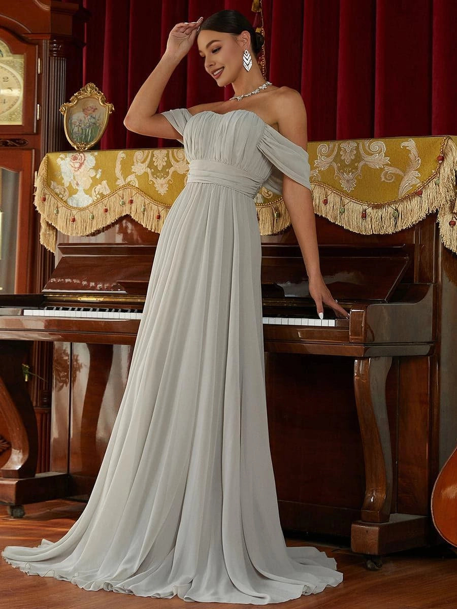 Charming A-Line Off Shoulder Dropped Shoulder Sleeves Zipper Up Sweep/Brush Train Prom Dress