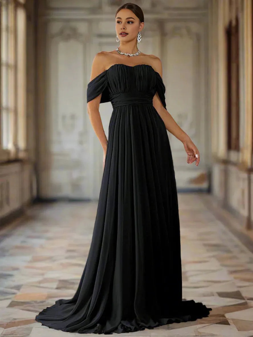 Charming A-Line Off Shoulder Dropped Shoulder Sleeves Zipper Up Sweep/Brush Train Prom Dress