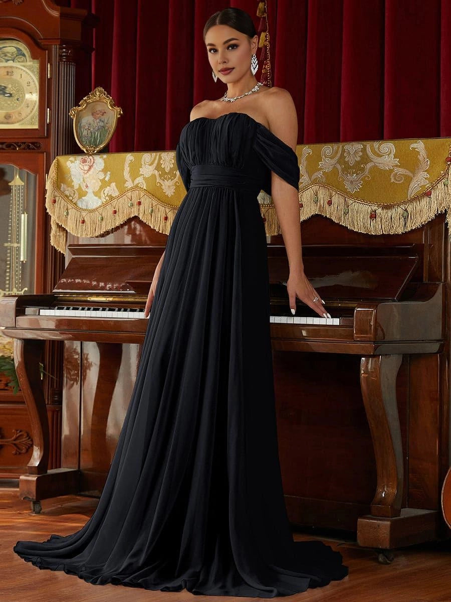 Charming A-Line Off Shoulder Dropped Shoulder Sleeves Zipper Up Sweep/Brush Train Prom Dress