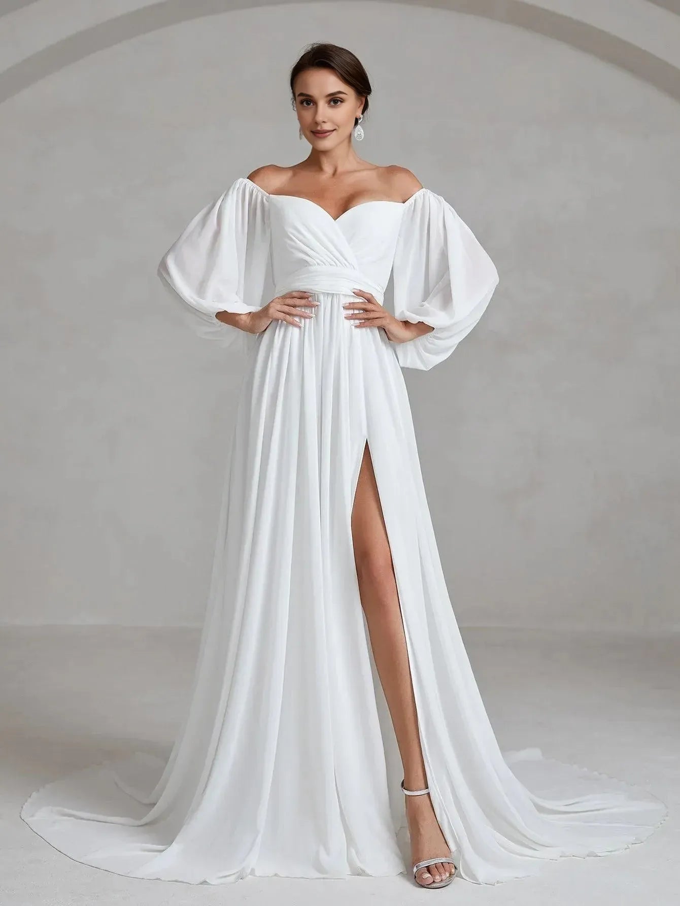 Charming A-Line Off Shoulder Lantern Sleeves Zipper Up Chapel Train Wedding Dress