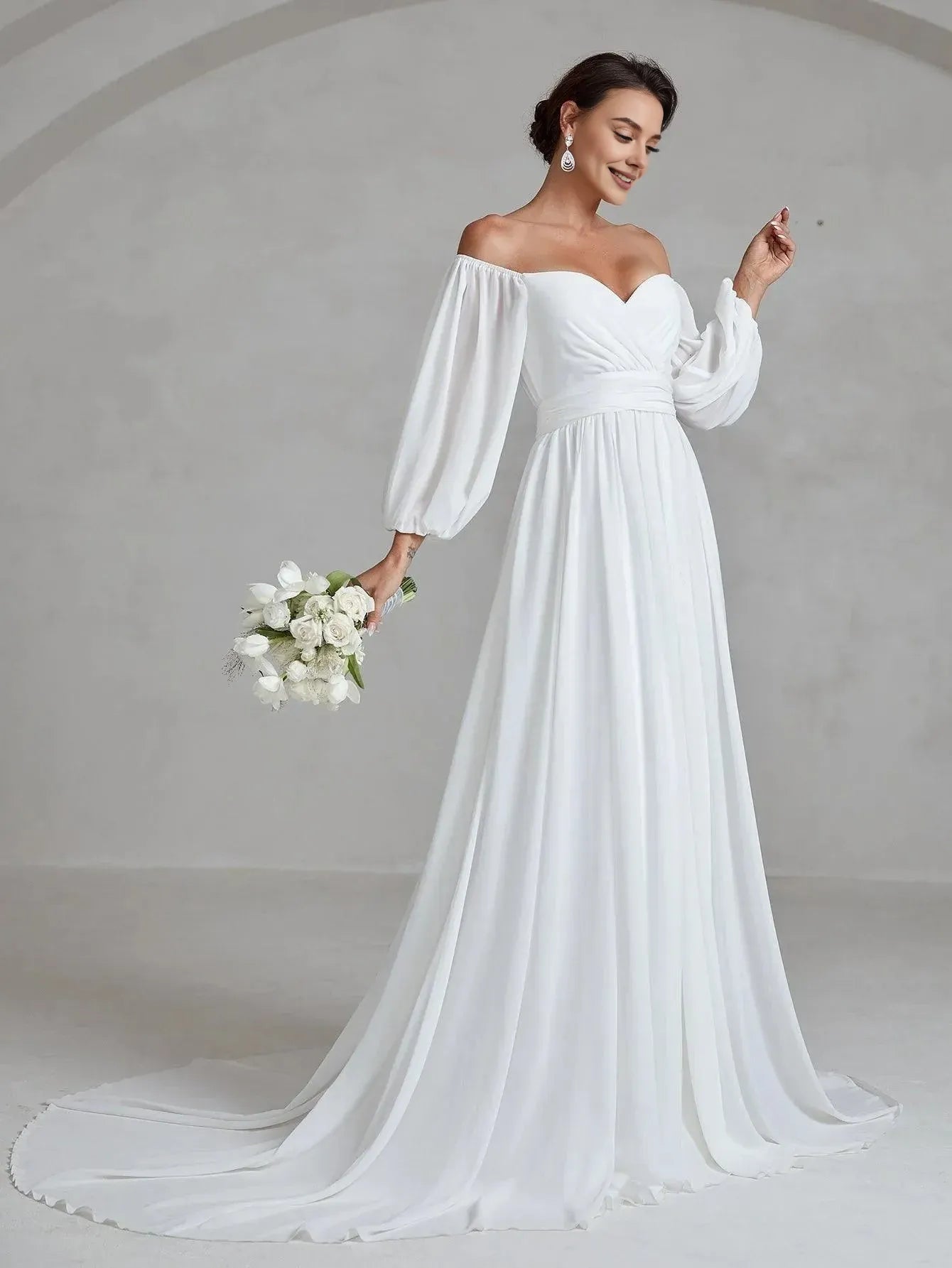 Charming A-Line Off Shoulder Lantern Sleeves Zipper Up Chapel Train Wedding Dress