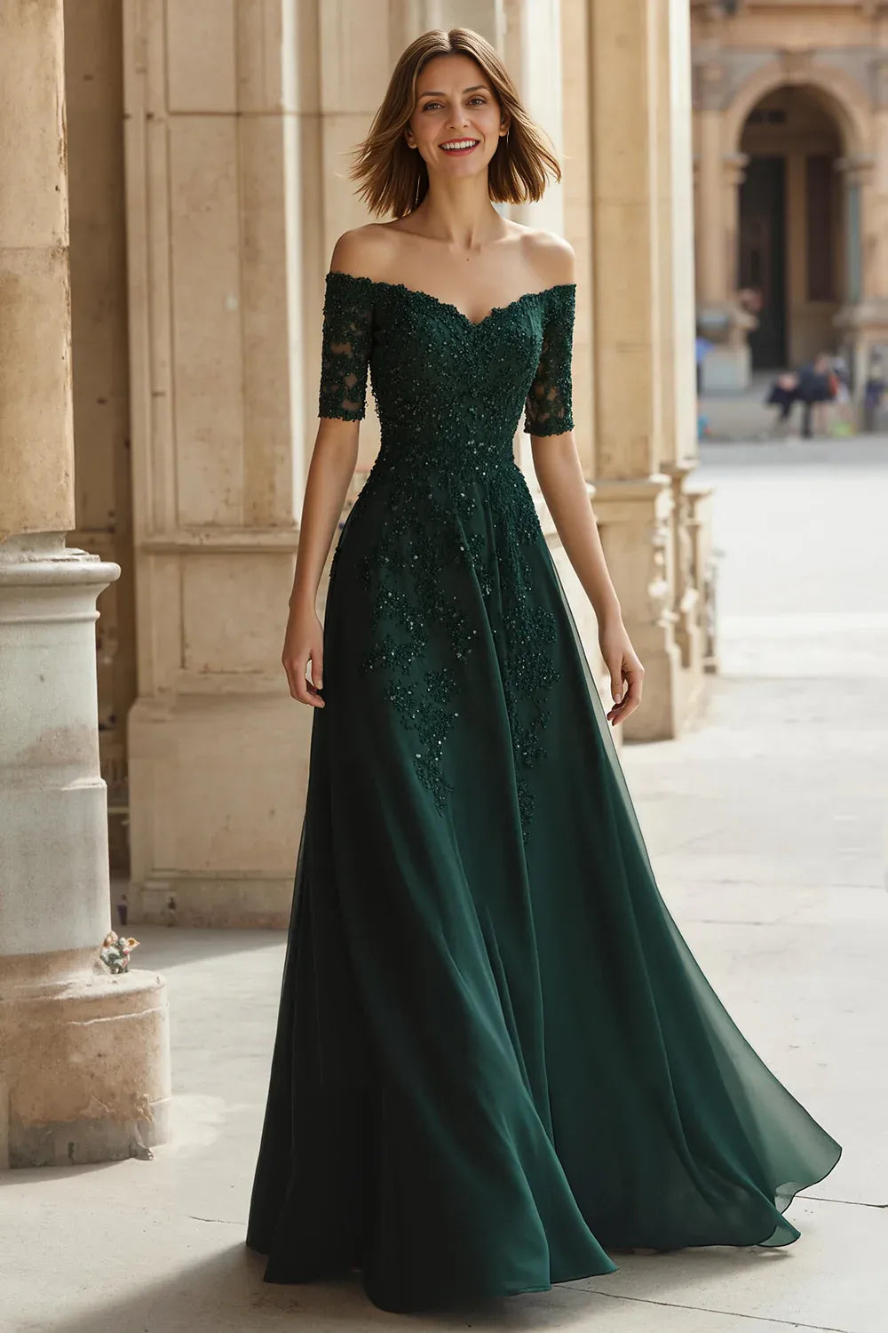 Charming A-Line Off the Shoulder Short Sleeve Lace Up Floor-Length Mother of the Bride Dress