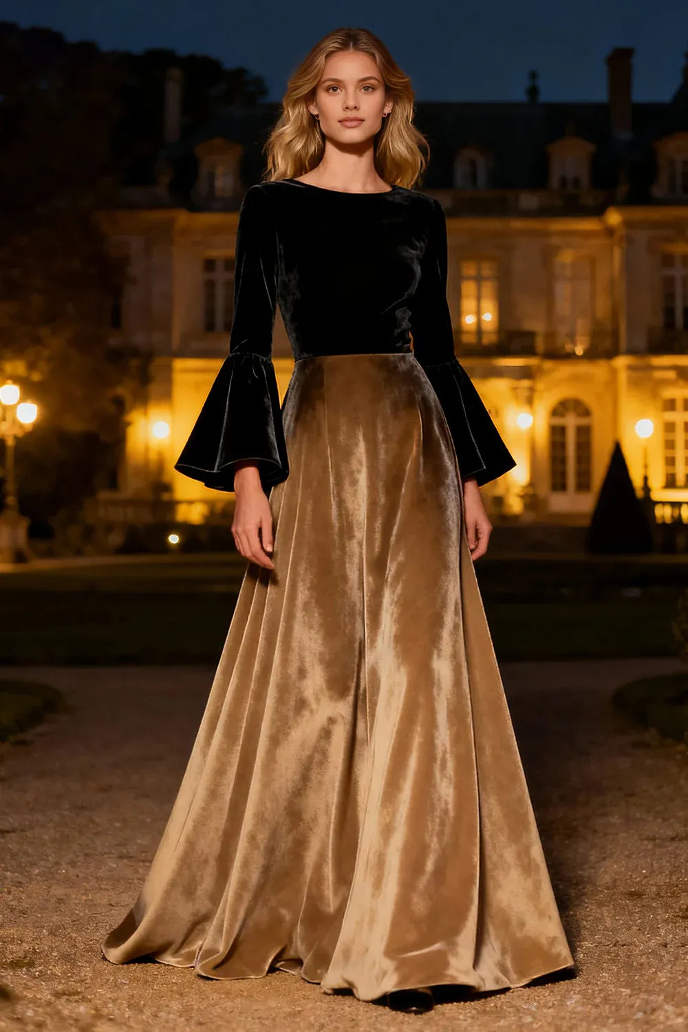 Charming A-Line Scoop Neck Flare Sleeves Velvet Sweep/Brush Train Winter Prom Dress