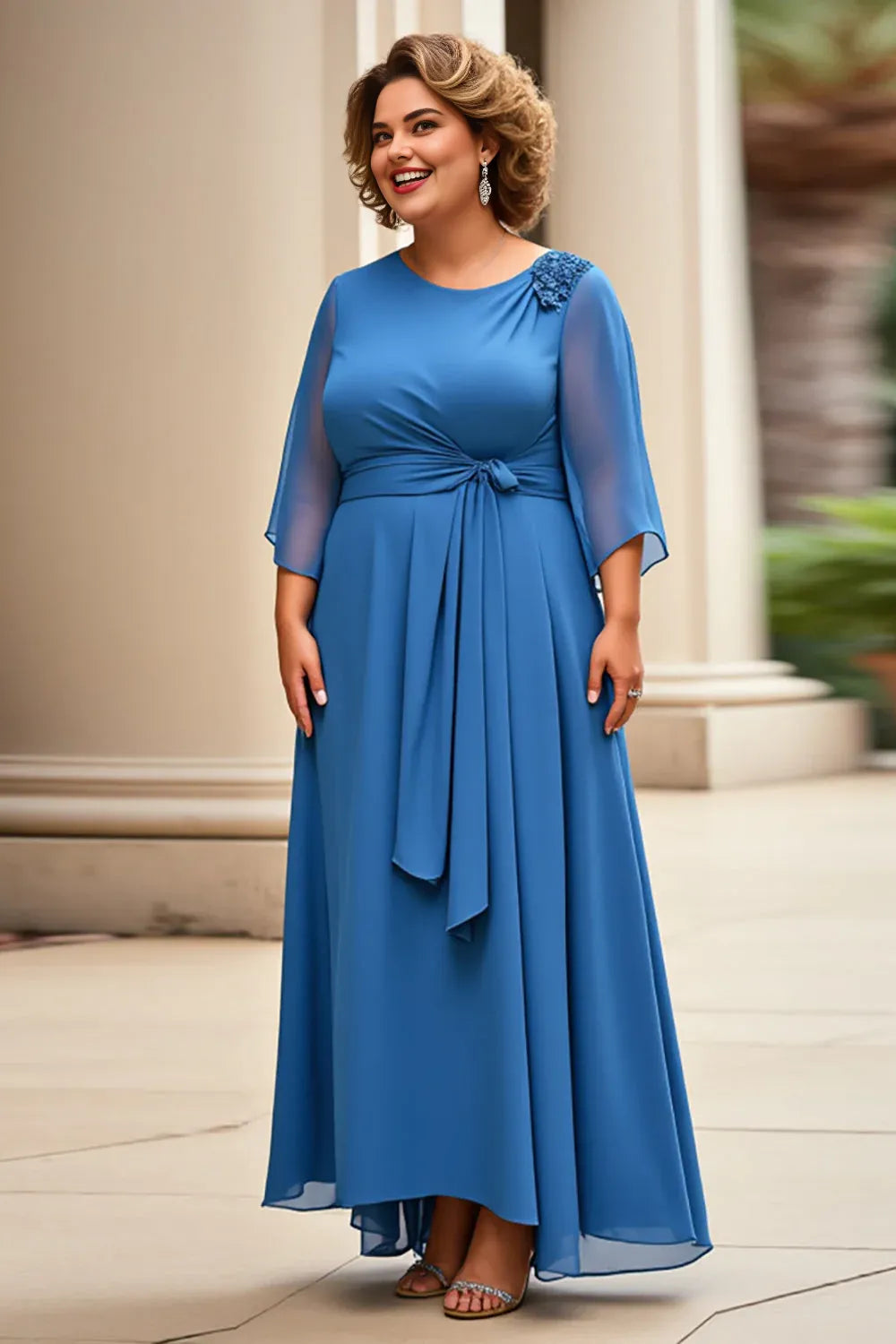 Charming A-Line Scoop Neck Long Sleeves Solid Color Floor-Length Plus Size Mother of the Bride Dress