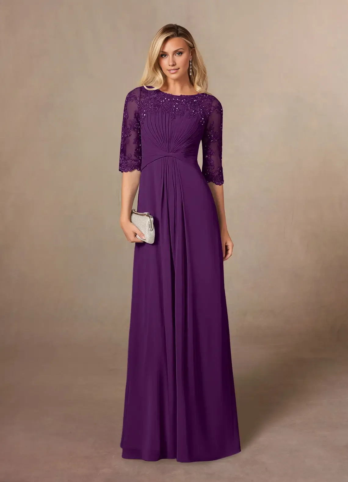 Charming A-Line Scoop Neck Short Sleeves Back Zip Floor-Length Mother of the Bride Dress