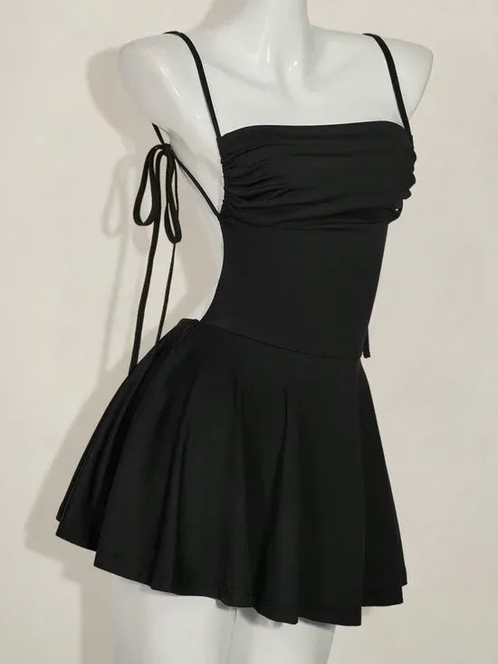 Charming A-Line Spaghetti Strap Tie Strap Open Back Black Short Homecoming Dress