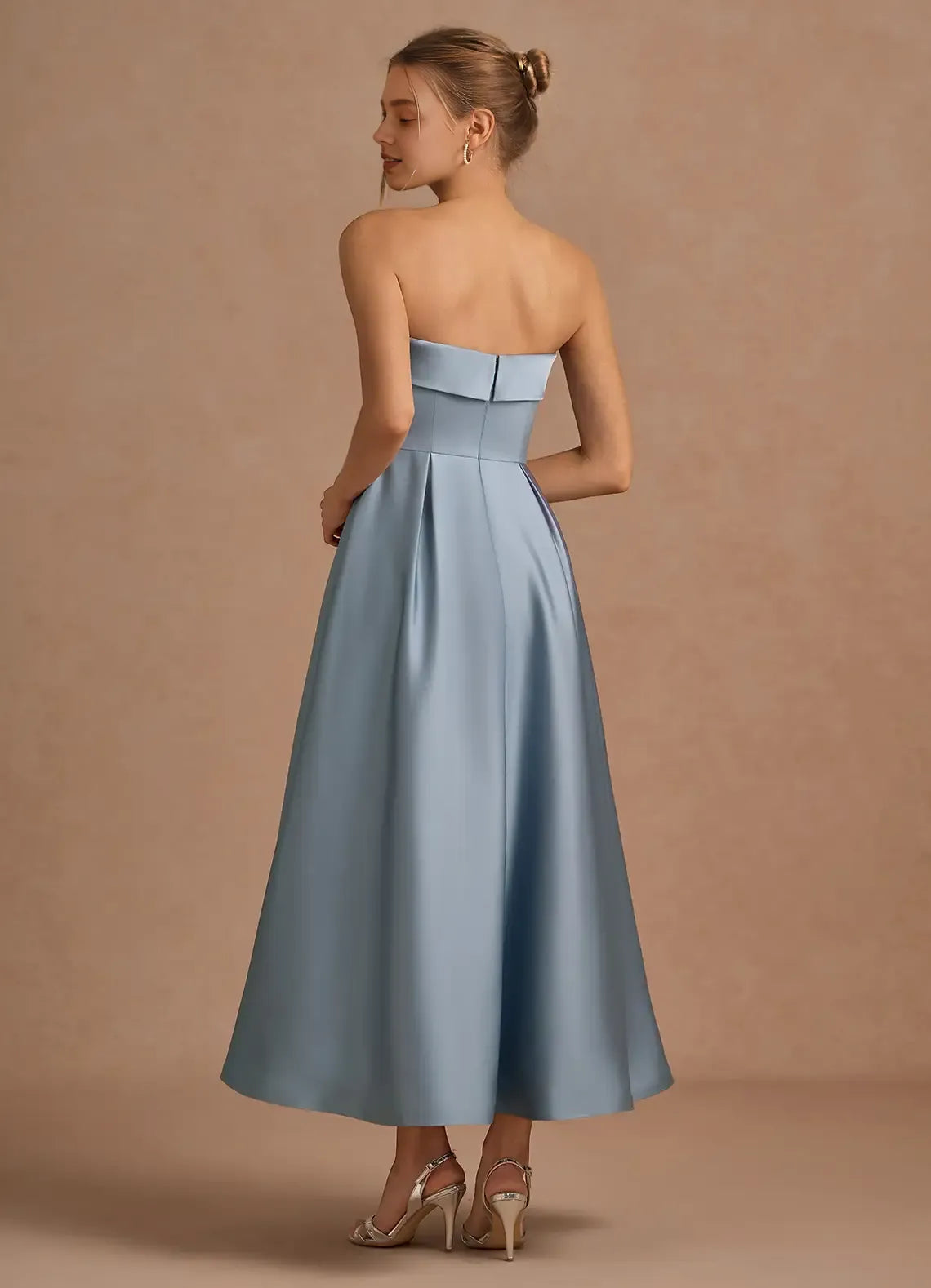 Charming A-Line Strapless Neck Sleeveless Backless Tea-Length Evening Dress