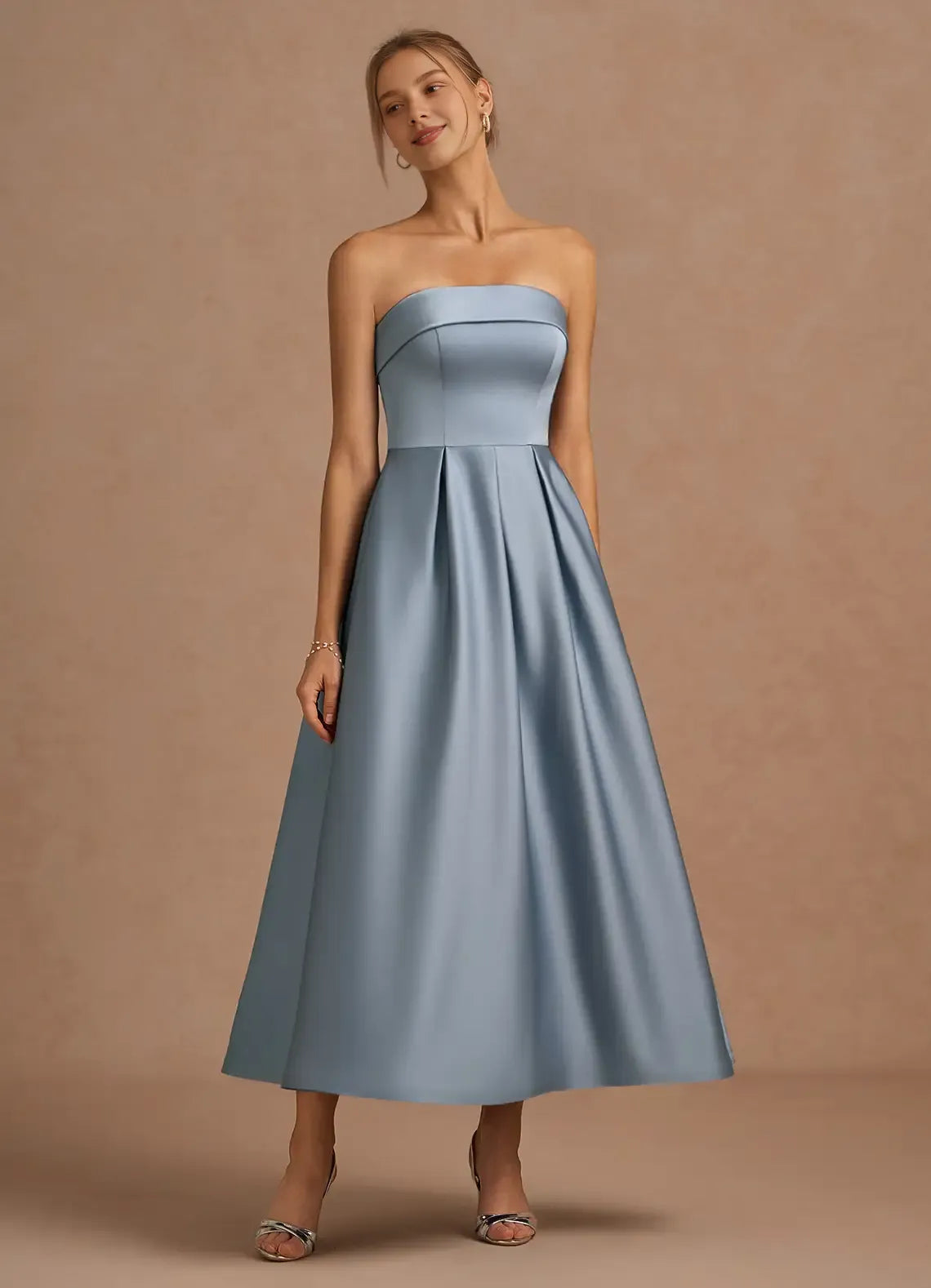 Charming A-Line Strapless Neck Sleeveless Backless Tea-Length Evening Dress