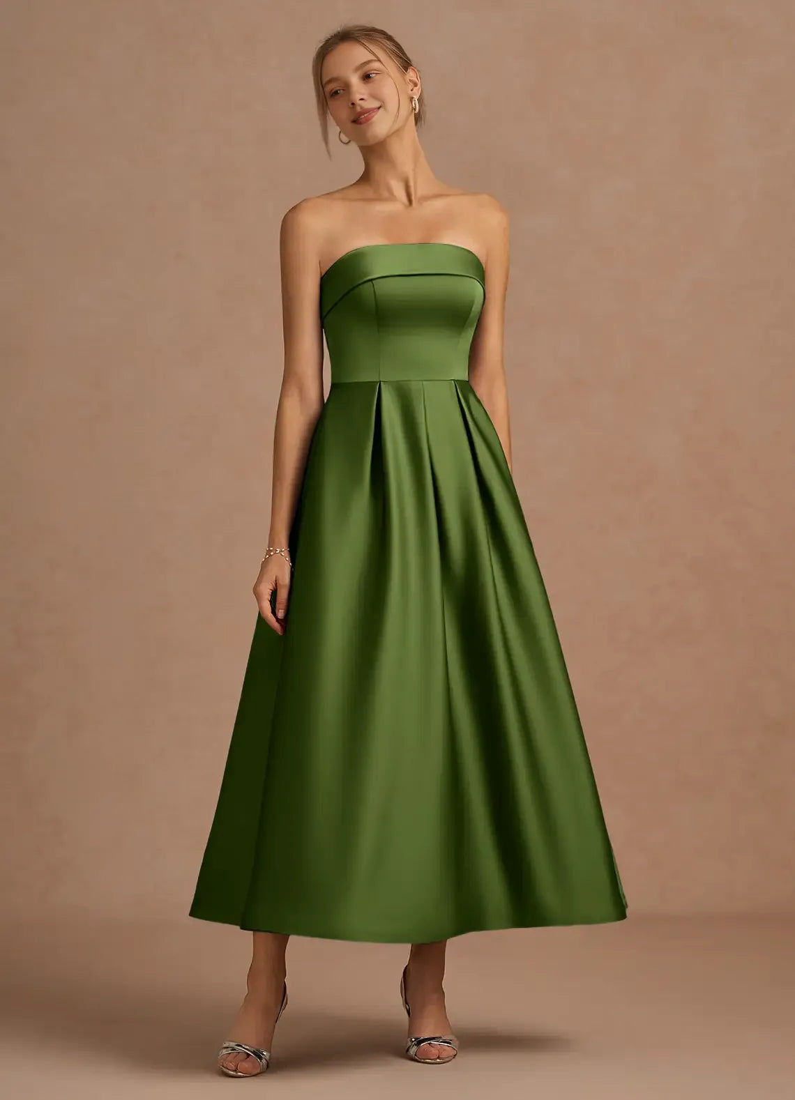 Charming A-Line Strapless Neck Sleeveless Backless Tea-Length Evening Dress