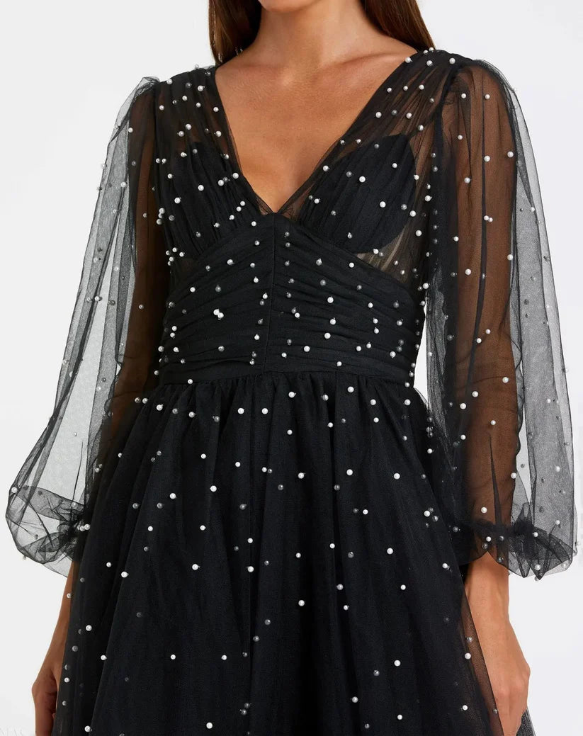 Charming A-Line V Neck Long Sheer Sleeve Zipper Up Floor-Length Prom Dress