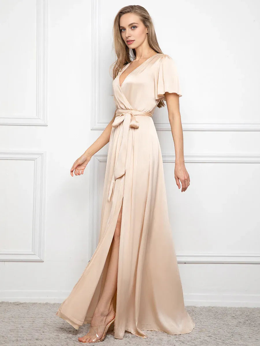 Charming A-Line V Neck Short Sleeve Floor-Length Prom Dress